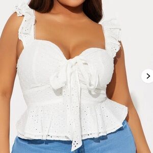 White Eyelet Tie-Front Peplum Women's Top